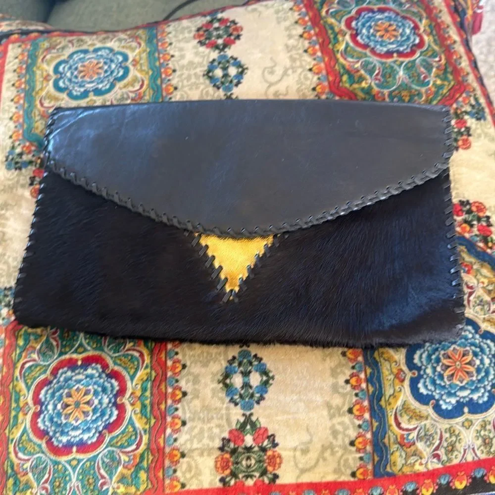 NICOLE MILLER black pony hair clutch with gold triangle leather - Picture 1 of 9
